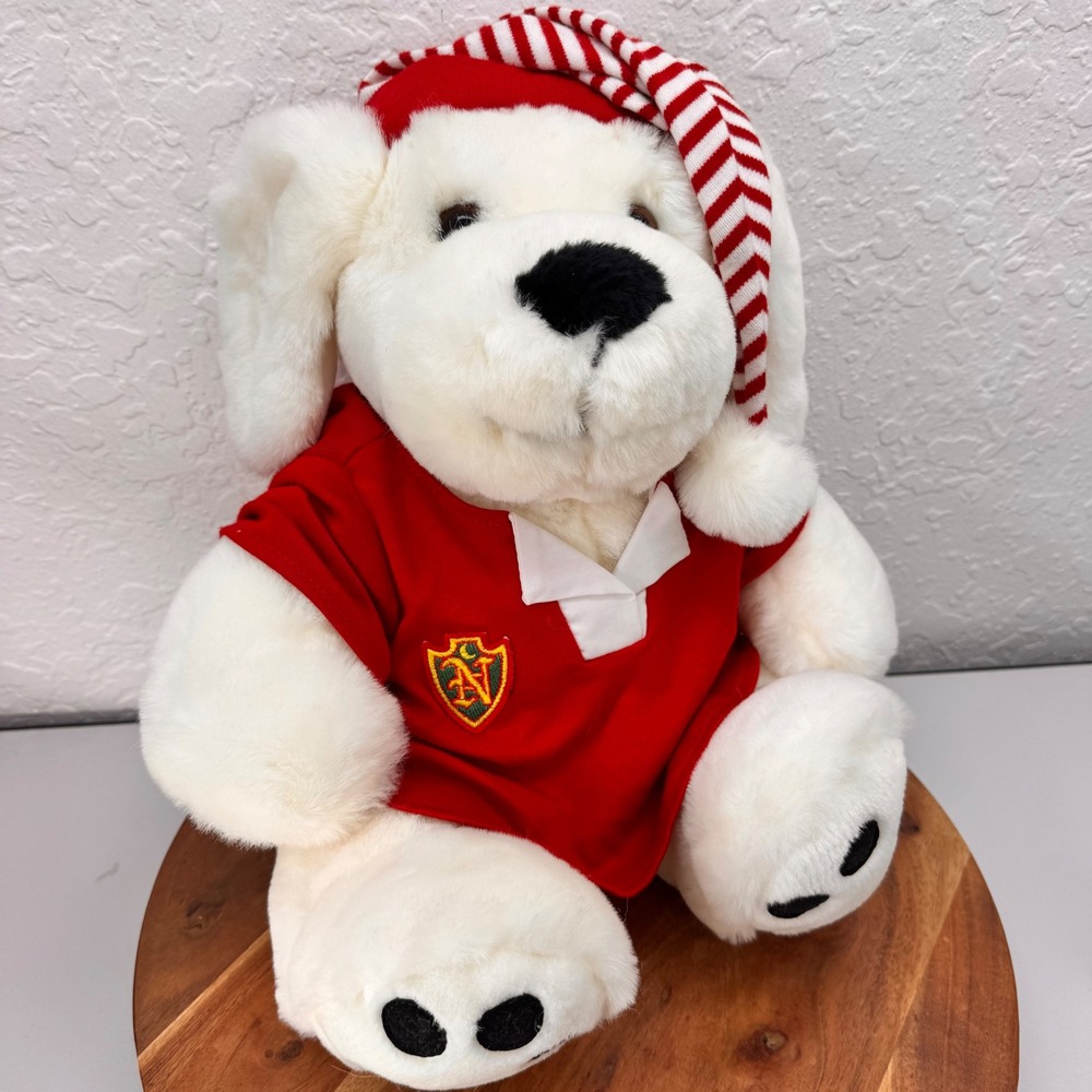 Vintage 1992 Commonwealth Toy White Dog Plush Red Rugby Shirt Hat 16 Inch